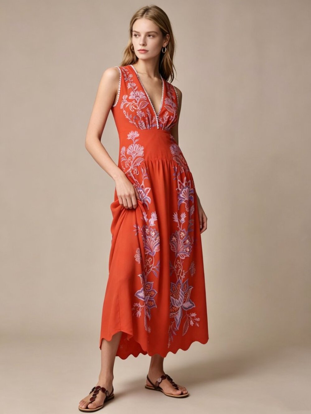 NWOT Farm Rio Porcelain Garden Red Linen Midi Dress Size XL - Picture 3 of 11